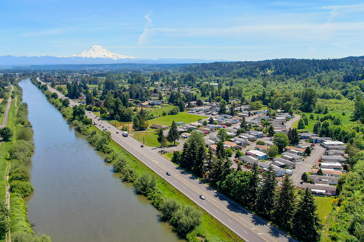 aerial photo with river and mobile home park
