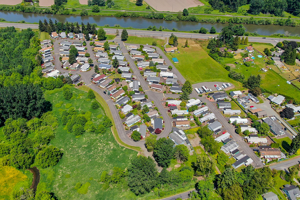 aerial photo of mobile home park with lots of trees